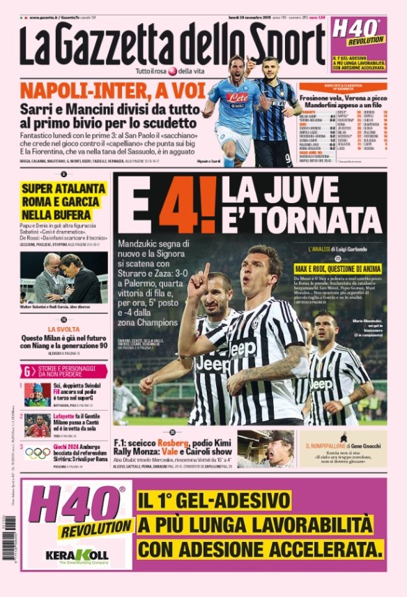 Gazza prima pagina 30 nov 2015